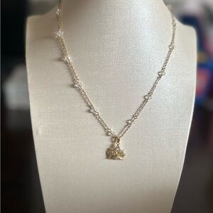 Gold Crown Pendant Necklace with Clear Bead Accents - Women Jewelry